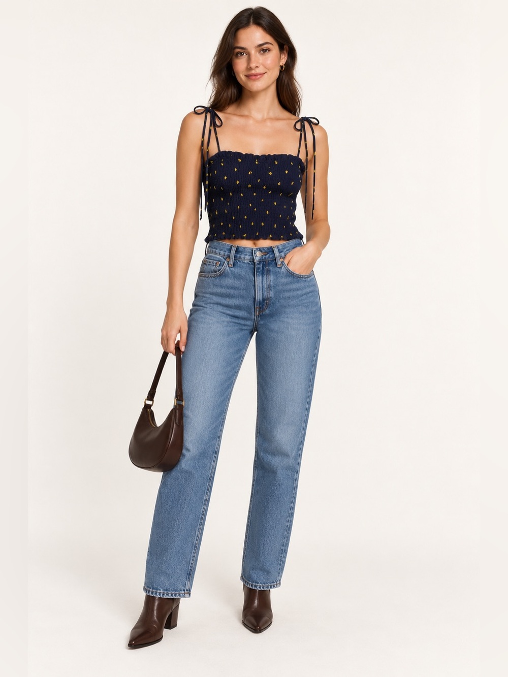 Zara Navy Yellow Print Smocked Crop Top Tie Shoulder Straps Size L